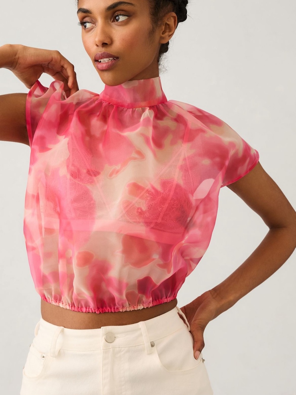 Sheer Organza Watercolor Floral Mock-Neck Blouse - Pink/Coral